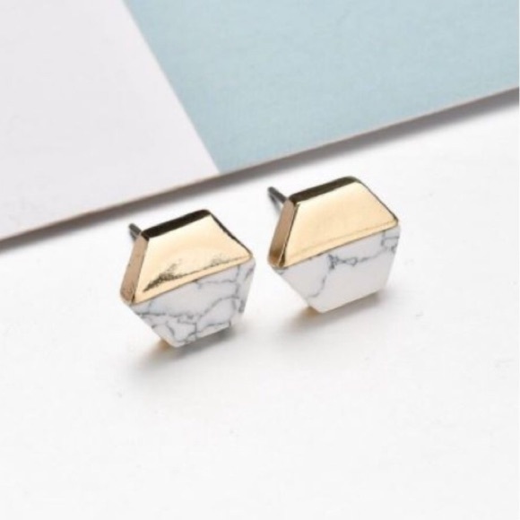 NEW Two-Tone Marble & Gold Hexagon Stud Earrings - Picture 1 of 4